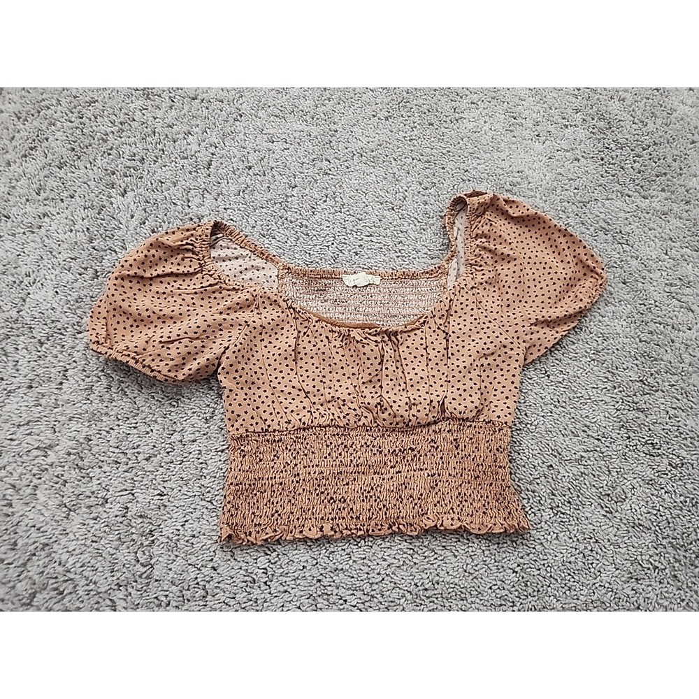 L.A. Hearts Women's Smocked Crop Top M Brown Polka Dot Puff Sleeve Square Neck
